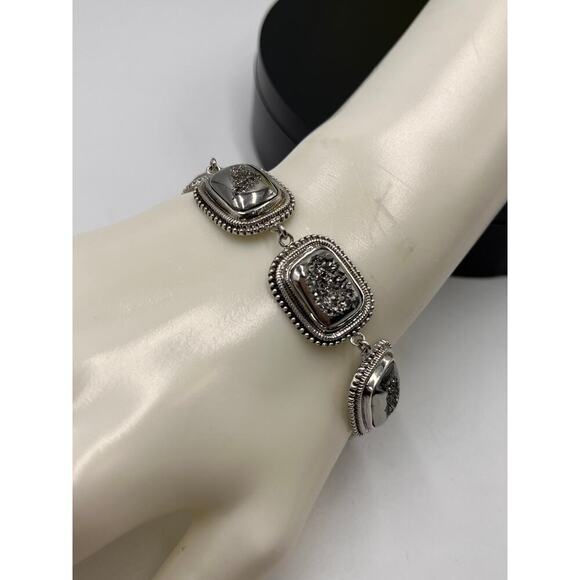 Sterling Silver INDIA PJC Black Druzy Quartz Braided Link Chain Bracelet - Picture 9 of 10